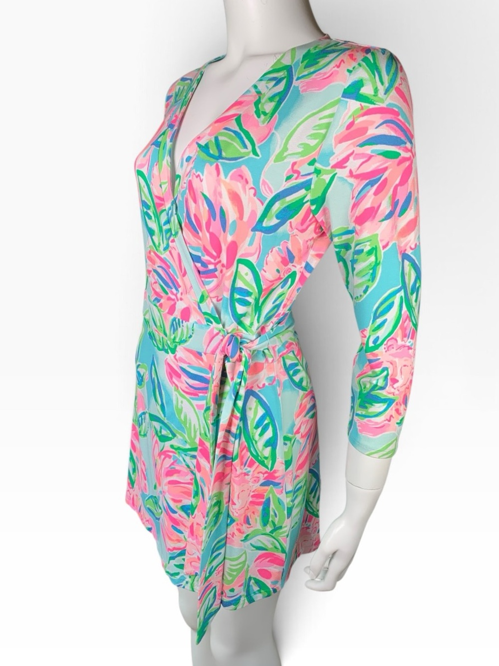 Lilly Pulitzer Floral Wrap Romper Size M Green Pink Blue 3/4 Sleeve